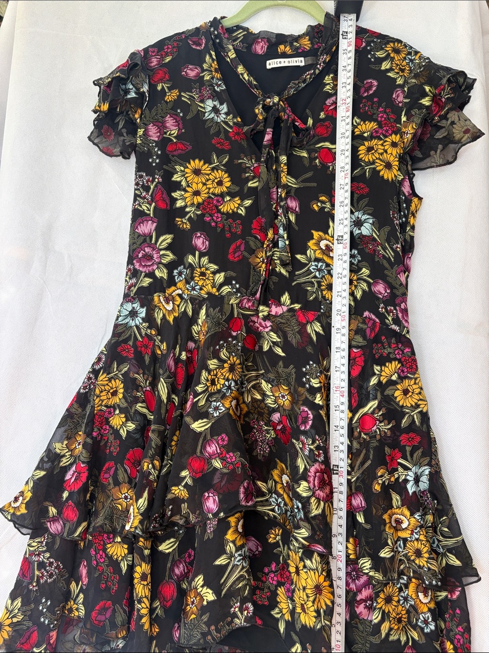 Alice + Olivia Silk Blend Floral Ruffle Mini Dress Black Tie Neck Size 6 - Picture 10 of 15